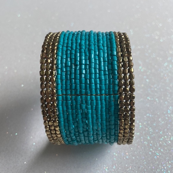Teal and Gold Beaded Bangle Cuff Bracelet - Picture 2 of 3